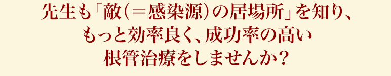 先生も「敵（＝感染源）の居場所」を知り、もっと効率良く、成功率の高い根管治療をしませんか？