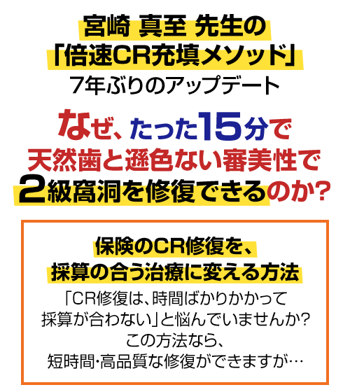 宮崎 真至 先生の「倍速CR充填メソッド」7年ぶりのアップデート。なぜ、たった15分で天然歯と遜色ない審美性で2級窩洞を修復できるのか？