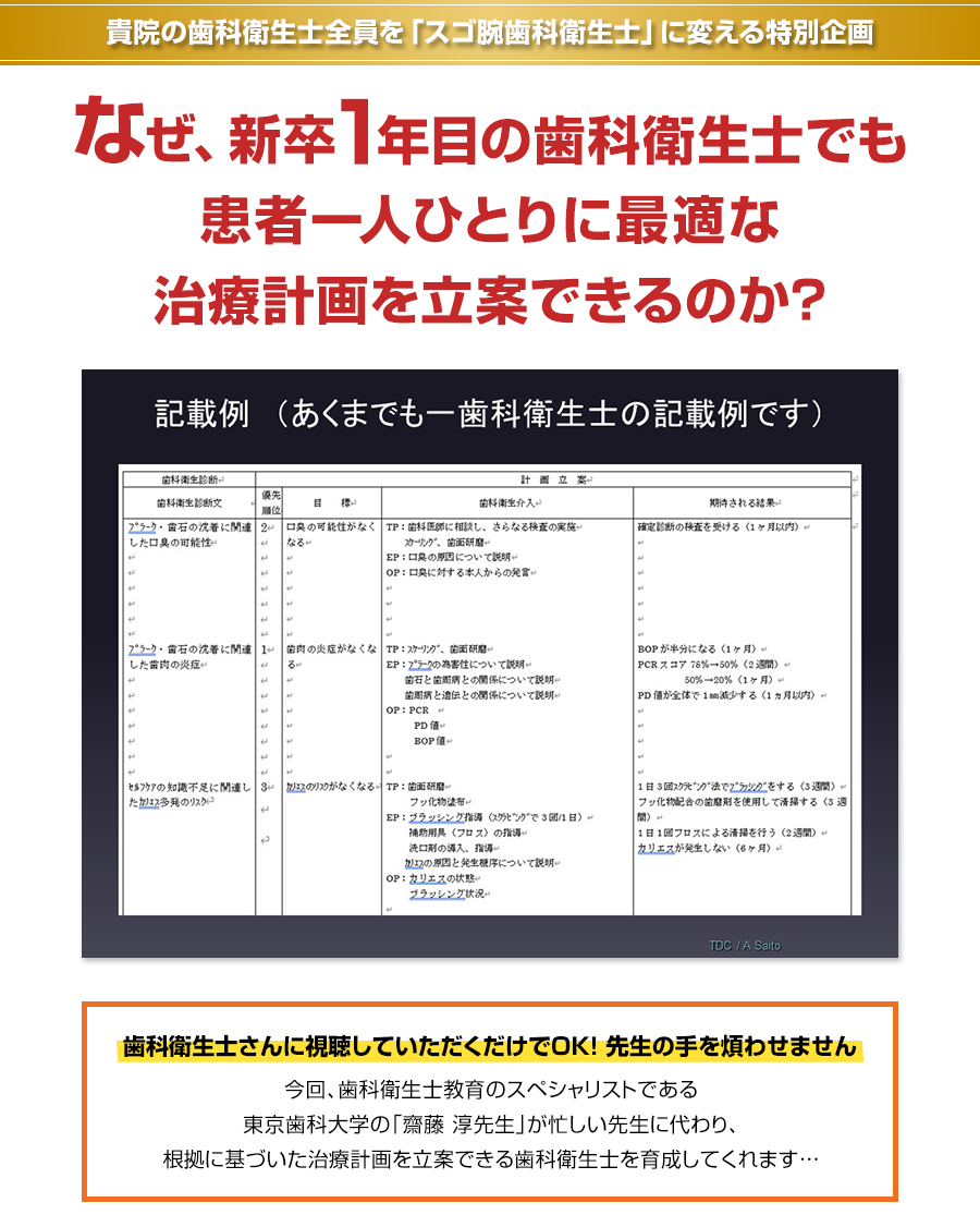 貴院の歯科衛生士全員を「スゴ腕歯科衛生士」に変える特別企画 なぜ、新卒1年目の歯科衛生士でも患者一人ひとりに最適な治療計画を立案できるのか？